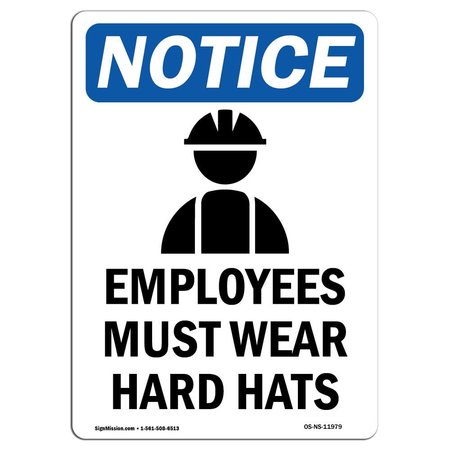 SIGNMISSION OSHA Sign, Employees Must Wear Hard Hats With Symbol, 5in X 3.5in Decal, 3.5" W, 5" H, Portrait OS-NS-D-35-V-11979